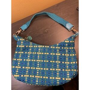 The Sak Purse Teal Turquoise Yellow Shoulder Woven‎ Bag Zipper Boho Party